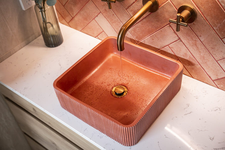 Corra Square Basin in Dusty Red, Supplied via Romano Indoor & Outdoor Solutions, Kilsyth South